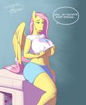  anthro anthrofied areola big_breasts big_nipples blue_eyes breasts clothing dialog dryer english_text equine erect_nipples exposed female fluttershy_(mlp) freckles_(artist) friendship_is_magic fur hair horse huge_breasts looking_down mammal my_little_pony navel nipples pegasus pink_hair pony revealing sad solo text tight_clothing under_boob wings yellow_fur 
