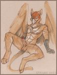  abs anthro anyare arm_support avian balls beak brown_feathers claws erection front glans gryphon humanoid_penis jewelry leaning leaning_back looking_at_viewer lying male muscles navel necklace nipples nude on_back orange_theme pecs penis presenting reclining solo spread_legs spreading toe_claws wings 
