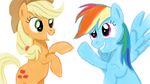  applejack_(mlp) blonde_hair blue_fur cowboy_hat cutie_mark duo equine female feral friendship_is_magic fur green_eyes hair hat horse jbond mammal multi-colored_hair my_little_pony orange_fur pegasus plain_background pony purple_eyes rainbow_dash_(mlp) rainbow_hair white_background wings 