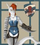  ace_stryker armor blade breasts chaps clothed clothing collar_bone collarbone corset ear_piercing fantasy female fish gloves green_eyes hair looking_at_viewer marine medieval navel necklace piercing red_hair shark solo standing toned weapon 