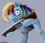 ambiguous_gender angry anthro anthrofied equine friendship_is_magic grey_background grimace gun hair horse looking_at_viewer mammal multi-colored_hair my_little_pony palibyte plain_background pony purple_eyes rainbow_dash_(mlp) rainbow_hair ranged_weapon simple_background solo weapon 