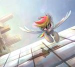  ambiguous_gender blitzpony building city equine feral flying friendship_is_magic gray_body grey_body hair horse lens_flare looking_at_viewer mammal multi-colored_hair my_little_pony pegasus pony purple_eyes rainbow_dash_(mlp) rainbow_hair shadow sideways solo spread_wings wings 