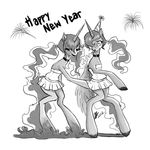  female fetlocks fireworks friendship_is_magic hair hooves horn horse lesbian long_hair mammal monochrome my_little_pony open_mouth party_hat party_horn pigtails pony princess_luna_(mlp) relydazed selfcest skirt square_crossover standing surprise winged_unicorn wings 