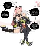  2girls absurdres amillion_(zenless_zone_zero) anby_demara bangboo_(zenless_zone_zero) bed belted_skirt black_gloves black_ribbon black_shorts black_skirt black_thighhighs blanket blindfold blindfold_mask blonde_hair blush bowl braid braided_sidelocks breasts clothing_cutout covered_eyes crop_top cutoffs drink drinking drinking_straw earrings english_text eye_mask food fur-trimmed_shorts fur_trim glasses gloves glowing_mask green_jacket green_shoes green_sleeves grey_hair hair_ornament hair_ribbon hairclip hands_on_another's_shoulders headphones heart heart_earrings heart_necklace highres holding holding_drink holding_food jacket jewelry kiss looking_at_another looking_to_the_side micro_shorts mole mole_on_breast mole_under_eye multicolored_sleeves multiple_girls multiple_hair_ribbons necklace nicole_demara on_bed one_eye_closed pink_hair popcorn ribbon scared shoes shorts shoulder_cutout sitting skirt sleeveless sleeveless_jacket speech_bubble strapless stuffed_toy thigh_strap thighhighs trembling trigger_(zenless_zone_zero) tsukishiro_yanagi tube_top white_background white_tube_top zanqi zenless_zone_zero 