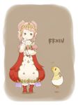  1girl chicobo chocobo commentary_request dress eggshell final_fantasy final_fantasy_xiv green_eyes highres lalafell nanamo_ul_namo pink_hair pointy_ears tiara tokiy 