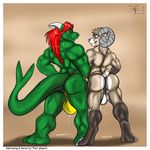  aaron_(artist) aaron_(character) anthro anus back balls biceps big_balls big_muscles bighorn_sheep butt caprine dragon duo fur gay green_dragon half-closed_eyes horn male mammal muscles nude pose precum ram sabrewing_(character) scales skin smirk standing stare 