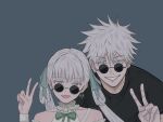  1boy 1girl bare_shoulders black_shirt blue_eyes bright_pupils colored_eyelashes commentary cybernetic_sam fingernails gojou_satoru green_ribbon grey_background grin hair_ribbon hair_rings highres jinhsi_(wuthering_waves) jujutsu_kaisen long_hair looking_at_viewer looking_over_eyewear mole mole_on_cheek official_alternate_costume open_mouth ribbon round_eyewear shirt short_hair simple_background smile sunglasses v white_eyelashes white_eyes white_hair white_pupils wuthering_waves 