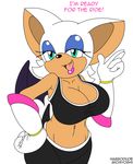  bat big_breasts blue_eyes breasts cleavage clothed clothing english_text female gloves habbodude hair mammal michiyoshi navel open_mouth plain_background rouge_the_bat sega smile solo sonic_(series) text white_background white_hair wings 