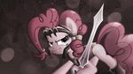  bronyyay123 clothing cutie_mark equine female feral friendship_is_magic fur hair helmet horse long_hair looking_at_viewer mammal my_little_pony open_mouth pink_fur pink_hair pinkie_pie_(mlp) pony smile solo sword teeth weapon 