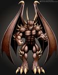  abs anthro biceps big_muscles black_background brown_skin claws dragon fangs geminisaint horn looking_at_viewer male monster muscles nipples nude pecs plain_background pose reptile scales scalie solo standing teeth toe_claws toned wings 