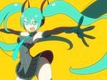  1girl aqua_eyes aqua_hair armpits bare_shoulders black_gloves breasts elbow_gloves gloves hair_ornament hatsune_miku impossible_clothes impossible_shirt ken_(koala) long_hair medium_breasts miniskirt necktie pleated_skirt shirt simple_background skirt solo sparkling_eyes thighhighs twintails vocaloid yellow_background 