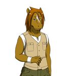  brown_hair clothing equine hair horse looking_at_viewer male mammal morenatsu pants plain_background shirt solo standing unknown_artist white_background wristband 