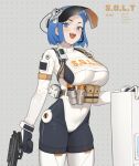  1girl ammunition_pouch black_pantyhose blue_eyes blue_hair blush breasts chest_harness commentary cowboy_shot english_commentary english_text face_shield finger_on_trigger flashbang gun handgun harness highres holding holding_gun holding_weapon jaejae large_breasts leotard looking_at_viewer open_mouth original pantyhose police police_uniform policewoman pouch riot_police short_hair sleeved_leotard smile solo standing thighhighs weapon weapon_request white_leotard white_thighhighs 