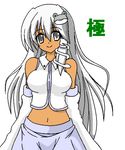  alternate_color alternate_hair_color bare_shoulders breasts colorized detached_sleeves grey_eyes grey_hair hair_ornament hair_tubes kochiya_sanae long_hair looking_at_viewer medium_breasts midriff osashin_(osada) simple_background smile solo touhou very_long_hair white_background zatto_(kita) 