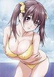  absurdres bent_over breasts brown_hair covered_nipples highres large_breasts lips looking_at_viewer nanno_koto original purple_eyes solo swimsuit 