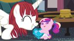  &lt;3 beavernator crystal duo equine eyes_closed female feral friendship_is_magic hair horn horse lauren_faust_(character) mammal multi-colored_hair my_little_pony pony princess_cadance_(mlp) purple_eyes red_hair smile sofa winged_unicorn wings young 