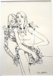  1girl 1other absurdres araki_hirohiko doll_joints flower_ornament greyscale hair_bobbles hair_ornament hand_on_own_hip highres hirose_yasuho humanoid_robot joints jojo_no_kimyou_na_bouken jojo_pose jojolion lips long_hair looking_at_viewer map_print monochrome official_art paisley_park_(stand) robot second-party_source shirt short_sleeves sketch skirt traditional_media 