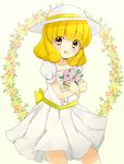  blonde_hair circle dress flower hat kise_yayoi open_mouth precure sausu_(himakuma) short_hair short_sleeves smile smile_precure! solo sun_hat yellow_eyes 