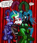 anthro anthrofied black_body breasts changeling cleavage clothed clothing curtains dialog embarrassed equine eyes_closed female friendship_is_magic fur gloves green_eyes green_hair group hair heels hi_res horn horse legwear mammal multi-colored_hair my_little_pony newyorkx3 open_mouth princess_celestia_(mlp) purple_fur queen_chrysalis_(mlp) raised_leg showgirl skirt skirt_lift smile standing stockings teeth text tongue twilight_sparkle_(mlp) unicorn white_fur winged_unicorn wings 