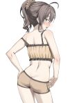  1girl absurdres ahoge ass back bare_arms bare_shoulders blue_eyes brown_hair commentary cowboy_shot crop_top from_behind hair_ornament hair_scrunchie hand_on_own_hip highres hololive long_hair looking_at_viewer looking_back median_furrow midriff natsuiro_matsuri natsuiro_matsuri_(matsuri's_day_off) open_mouth ponytail ribbed_shirt scarlet_(wv0102) scrunchie shirt short_shorts shorts simple_background sleeveless sleeveless_shirt solo strap_slip symbol-only_commentary virtual_youtuber white_background yellow_shirt yellow_shorts 