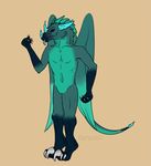  anthro black_eyes black_sclera black_skin brown_background claws darachi digitigrade dragon flightrising fold_wings green_body green_skin horn looking_at_viewer male markings muscles nude pecs plain_background ryxie scalie simple_background socks_(marking) solo toe_claws tongue tongue_out watermark wildclaw wings 