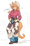  1girl ;d absurdres animal_ears animal_print belt belt_buckle blue_eyes blue_pants bracelet brown_hat brown_shoes buckle buttons collarbone commentary cow_print cowboy cowboy_fringe cowboy_hat cowboy_western cowgirl_(western) ears_through_headwear english_commentary english_text full_body grin gun hair_ornament hand_on_belt hat highres holster horse_ears horse_girl horse_tail jewelry long_hair long_sleeves looking_at_viewer one_eye_closed orange_hair pants pink_shirt plaid_clothes plaid_shirt revolver shirt shoes smile solo standing star_(symbol) star_hair_ornament taiki_shuttle_(umamusume) tail thigh_holster umamusume vee_(427deer) weapon 