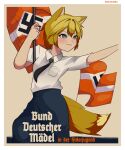  1girl absurdres animal_ear_fluff animal_ears black_necktie blonde_hair blue_dress blue_eyes braid dress flag fox_ears fox_girl fox_tail german_text hair_between_eyes highres hitlerjugend holding holding_flag koalakanru nazi necktie original poster_(object) propaganda salute shirt short_hair single_braid smile solo straight-arm_salute swastika tail white_shirt 