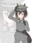  1girl animal_ears black_cat03 brown_eyes cowboy_shot ear_covers ears_through_headwear goggles goggles_around_neck hair_between_eyes hand_on_headwear hat highres holster horse_ears horse_girl horse_tail looking_at_viewer military_uniform multicolored_hair nazi reichsadler simple_background smile smirk solo standing stay_gold_(umamusume) tail umamusume white_background 