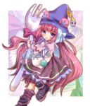  1girl bear_girl blue_hat blue_ribbon boots dumpty_alma emil_chronicle_online fork hair_ribbon hat holding holding_fork long_hair open_mouth pink_boots pink_ribbon purple_eyes purple_hair purple_shirt purple_skirt purple_socks ribbon shirt skirt socks solo twitter_username witch_hat yukiomi_kizuki 