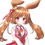  1girl animal_ears breasts brown_hair cinamon_alma crown emil_chronicle_online jacket long_hair medium_breasts necktie rabbit_ears rabbit_girl red_eyes red_jacket red_necktie red_ribbon ribbon shirt smile solo striped_clothes striped_shirt twintails upper_body white_background white_shirt yukiomi_kizuki 