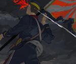  1boy alternate_body_fluid bird blood blood_spray blue_jacket blue_pants brown_hair buzz_cut cowboy_shot crane_(animal) day death dropping facing_away flag from_behind golden_kamuy hanazawa_yusaku hat headshot jacket kepi long_sleeves male_focus military_hat military_uniform murder overcast pants projectile_trail rising_sun_flag saber_(weapon) sheath sheathed short_hair shoulder_strap sky solo standard_bearer standing sunburst sword symbolism tkrkve43 very_short_hair weapon 