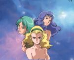  1990s_(style) 3girls animation_paper bare_shoulders breasts character_request closed_mouth collarbone dokite_tsukasa four_murasame green_hairband gundam gundam_gihren_no_yabou hairband leila_raymond lipstick long_hair looking_at_viewer makeup multiple_girls nude official_art production_art retro_artstyle rosamia_badam short_hair star_(sky) zeta_gundam 