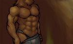  abs anthro beard biceps big_muscles blue_bottomwear brown_fur brown_hair bulge canine clothing faceless_male facial_hair fox fur hair istani male mammal muscles pants pants_pull pecs pose shorts solo standing toned topless torso_shot traditional_media underwear undressing 