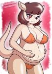 age_difference anthro bikini blush breasts brown_hair button_nose clothing colored eyelashes female fur hair heart-shaped_pupils hi_res holding_belly jill_(alfa995) kangaroo looking_at_viewer macropod mammal marsupial mature_female navel nipple_outline nipple_slip nipples_visible_through_clothing older_female one_eye_closed orange_bikini orange_clothing orange_swimwear outie_navel pouch_(anatomy) pregnant pregnant_female red_eyes redgraceart shaded simple_background smile smile_at_viewer solo swimwear tail tan_body tan_fur tan_skin two-piece_swimsuit visible_pussy wink winking_at_viewer