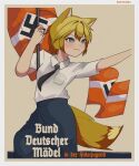  1girl absurdres animal_ear_fluff animal_ears black_necktie blonde_hair blue_dress blue_eyes braid dress flag fox_ears fox_girl fox_tail german_text hair_between_eyes highres hitlerjugend holding holding_flag koalakanru nazi necktie original poster_(object) propaganda salute shirt short_hair single_braid smile solo straight-arm_salute swastika tail white_shirt 