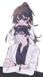  1boy 1girl ayin_(project_moon) black_hair black_shirt carmen_(project_moon) coat collared_shirt crossed_arms hands_on_another&#039;s_head head_on_head head_rest lab_coat lobotomy_corporation parted_lips project_moon shirol shirt simple_background smile sweat white_background white_coat yellow_eyes 