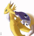 2025 3_fingers anthro armwear b11 bandai_namco black_sclera blue_eyes butt chest_fur clothing digimon digimon_(species) dutch_angle elbow_gloves featureless_crotch female fingers fur fur_markings gloves handwear hi_res looking_at_viewer looking_back looking_back_at_viewer markings on_model open_mouth rear_view renamon signature simple_background small_waist solo standing tail thick_thighs twitter_handle white_background white_body white_fur yellow_body yellow_fur