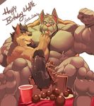  anthro ashwolf beard biceps big_muscles big_penis black_nipples black_nose black_penis blush brown_fur butch_(cursedmarked) cake canine chocolate cursedmarked duo eating english_text erection facial_hair finger_in_mouth flexing food food_play fur gay grey_fur grey_nipples hair hug humanoid_penis hyper hyper_muscles leash male mammal muscles nipples nude pecs penis plain_background teeth text tongue vein white_background wolf wristband 