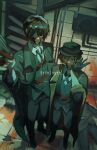  2boys air_conditioner bandaged_arm bandages belt biting black_coat black_eyes black_gloves black_necktie black_vest blood blood_from_forehead blood_on_clothes blood_on_face blood_splatter blurry blurry_foreground brown_hair bungou_stray_dogs coat cowboy_shot crossed_bangs dazai_osamu_(bungou_stray_dogs) depth_of_field double-parted_bangs from_above full_body gloves gun hair_between_eyes hashtag-only_commentary height_difference highres holding holding_gun holding_weapon looking_at_viewer male_focus multiple_boys nakahara_chuuya_(bungou_stray_dogs) necktie one_eye_covered red_eyes removing_glove rintouru_2 shirt short_hair sleeves_rolled_up smirk standing tile_floor tiles vest weapon white_shirt 