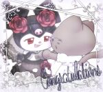 anthro brown_body brown_fur chibi clothing domestic_cat dress duo english_text eyewear felid feline felis female female/female flower fur glasses grey_eyes hand_holding hi_res kuromi lace lagomorph mammal onegai_my_melody open_mouth petals plant red_eyes rose_(flower) sanrio self_insert selfship smile spade_tail tail tenshi_(touboutenshi) text touboutenshi wearing_glasses wedding wedding_dress wedding_veil whiskers white_body white_fur