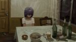  1girl absurdres alcohol an_yb ashtray bags_under_eyes beer beer_bottle bottle bottle_cap bowl breasts broken_bottle chair chopsticks cigarette_butt cigarette_pack closed_mouth commentary cup curtains door drinking_glass grey_eyes hair_over_one_eye highres indoors lighter long_hair looking_down on_chair original purple_hair shirt short_sleeves sitting small_breasts solo t-shirt table tablecloth white_shirt window wooden_floor 