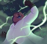 4_eyes 4_fingers alien alien_humanoid black_clothing black_gloves black_handwear blue_mouth blue_tongue clothed clothing coat disney electricity evil_laugh fingers fist gloves green_lighting handwear hi_res humanoid jumba_jookiba kweltikwan lab_coat laugh lightning lilo_and_stitch mad_scientist male multi_eye obese obese_male open_mouth open_smile overweight overweight_male pidge-gone purple_body purple_skin raised_fist raised_hand smile smoke solo tongue topwear yellow_sclera