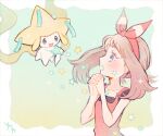  1girl blue_eyes brown_hair eyelashes floating hairband holding holding_star jirachi may_(pokemon) open_mouth own_hands_together pokemon pokemon_(creature) pokemon_oras red_hairband red_shirt ryokuno_green shirt smile star_(symbol) upper_body 