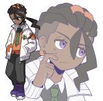  1boy :/ absurdres averting_eyes brooch brown_hair dark_skin dreadlocks frown full_body green_necktie grey_pants hair_between_eyes hair_pulled_back hair_tubes half-closed_eyes hands_in_pockets highres jewelry looking_to_the_side low_ponytail male_focus naveen_(pokemon) necktie orange_sweater_vest pants pokemon pokemon_legends:_z-a ponytail portrait purple_eyes purple_shoes sach56000 scratching_cheek shoes small_sweatdrop solo sweater_vest undercut 