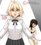  2girls absurdres ahoge alternate_costume arcueid_brunestud arms_at_sides black_hair black_ribbon black_skirt blonde_hair blush bra breasts burningmoonworks cleavage cosplay covering_breasts covering_privates english_text flustered formal_clothes hair_between_eyes hair_intakes happy highres huge_breasts long_hair multiple_girls red_eyes ribbon shirt short_hair skirt smile surprised thighs tohno_akiha tohno_akiha_(cosplay) tsukihime tsukihime_(remake) underwear white_shirt 