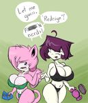  anthro areola big_breasts blue_eyes bra breasts cat cleavage clothed clothing dialog duo english_text erect_nipples eyes_closed feline female gaz hair huge_breasts human invader_zim joelasko mammal navel nintendo nintendo_ds nipple_slip nipples panties pink_hair purple_hair text underwear vg_cats video_games 