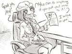  big_breasts breasts broach claws cute desk dress_shirt female monochrome office_chair paper pen plagueofgripes predator predator_(franchise) ruffles sarcasm sketch skirt teacher text yautja 