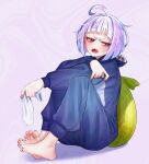  1girl absurdres ahoge animal_costume arched_back barefoot blue_bodysuit blush bodysuit feet foot_focus full_body hair_ornament highres holding_sock knees_up medium_hair nail_polish open_mouth original pietrosatou pink_background presenting_foot purple_eyes purple_nails shadow shark_costume sharp_teeth sitting socks soles solo teeth toenail_polish toenails toes unworn_socks v-shaped_eyebrows 