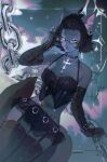  1girl abstract_background absurdres adjusting_eyewear ahoge animal_ear_piercing animal_ears animal_nose artist_name belt_collar black_bow black_bustier black_hair blurry bow bow_bustier bracelet broken broken_chain bustier cat_ears cat_girl cat_tail chain choker chromatic_aberration collar collarbone colored_skin commission cowboy_shot cross cross_choker cyber_sigilism depth_of_field detached_ahoge dutch_angle elbow_gloves english_commentary eyebrow_piercing eyelashes face_piercing facial_mark film_grain fingerless_gloves forehead_mark four-pointed_star frilled_bustier frilled_skirt frills furry furry_female gloves goth_fashion grey_background grey_skin highres jewelry labret_piercing lace lace_gloves lace_skirt lace_thighhighs light_particles midriff miniskirt navel necklace noisykoala nose_piercing nose_ring open_mouth original outside_border parted_lips pawpads piercing plug_(piercing) pubic_tattoo rectangular_eyewear short_bangs short_hair skirt slit_pupils spaghetti_strap spiked_bracelet spikes studded_choker tail tattoo teeth thick_lips thigh_strap thighhighs upper_teeth_only yellow_eyes 