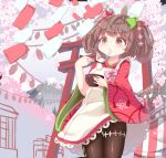  1girl apron bowl brown_eyes brown_hair brown_pantyhose cherry_blossoms child chopsticks eating ecobou_alma emil_chronicle_online food highres holding holding_bowl holding_chopsticks japanese_clothes kimono kitune47 mochi official_alternate_costume pantyhose pink_ribbon red_kimono ribbon short_twintails shrine solo torii twintails white_apron wide_sleeves 